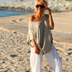 CONJUNTO OVERSIZE TÚNICA-PANTALON AMELIE TOPO-BLANCO