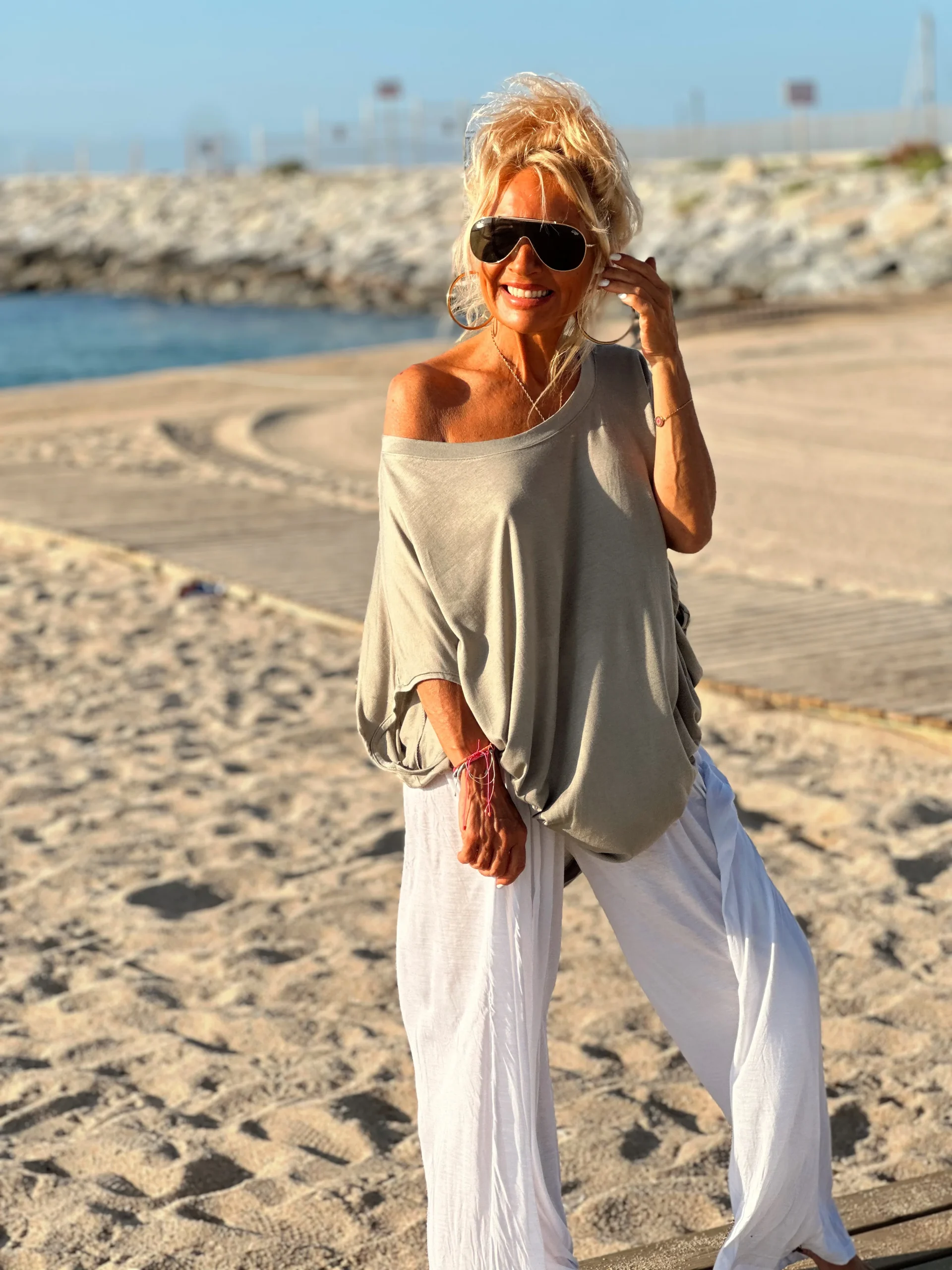 CONJUNTO OVERSIZE TÚNICA-PANTALON AMELIE TOPO-BLANCO