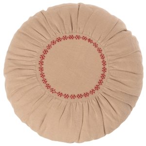 Cojín redondo arena - bordado rojo