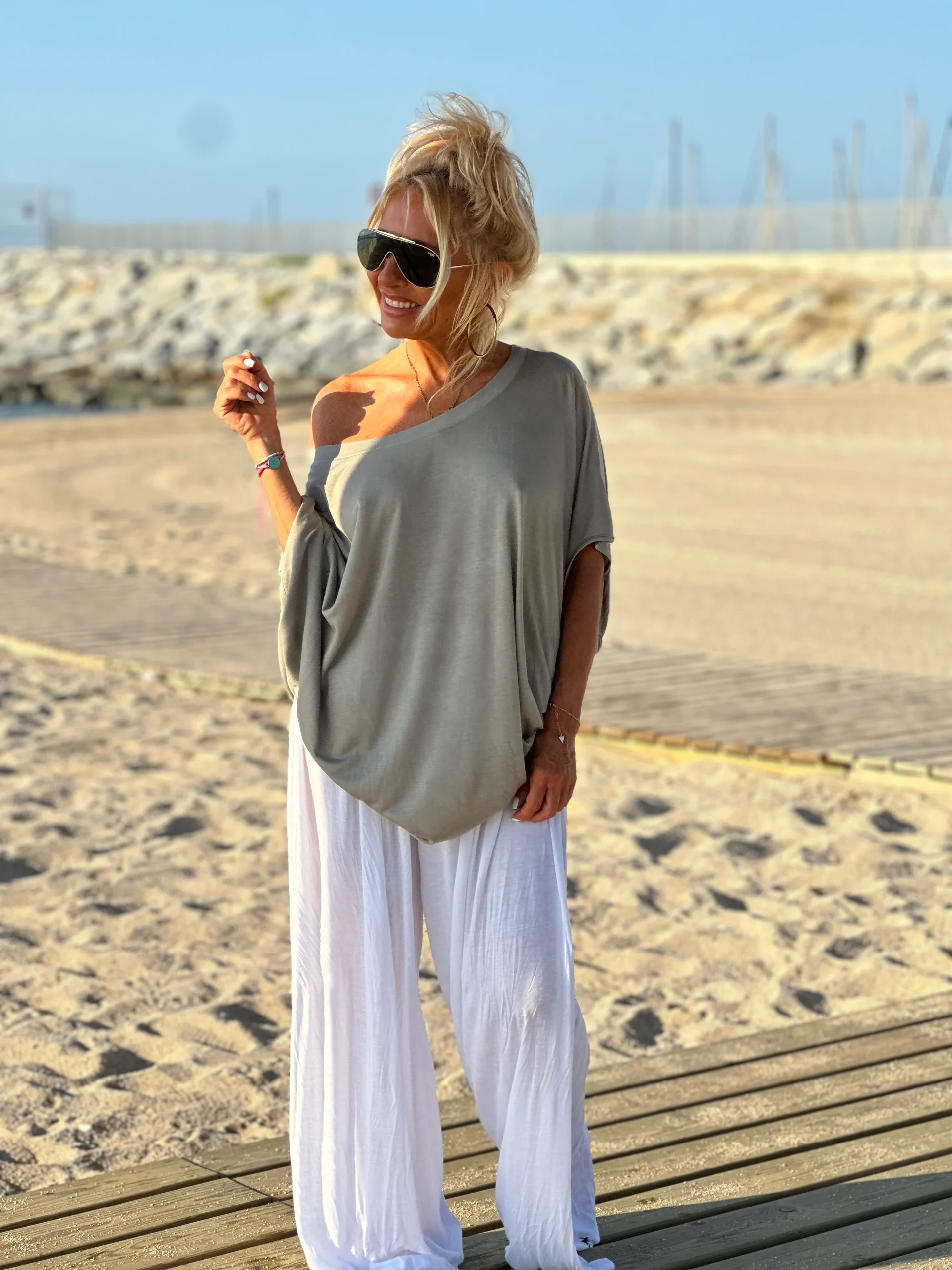 CONJUNTO OVERSIZE TÚNICA-PANTALON AMELIE TOPO-BLANCO - Imagen 6