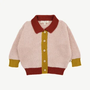 Cardigan Tejido con Cuello - Color Block Rosado