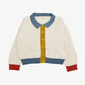 Cardigan Tejido con Cuello - Color Block Crema