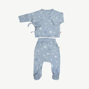 Conjunto Kimono + Pantalón con Pies para Bebé ‘Moonlit Usagi’ (Conejos) Celestial Blue
