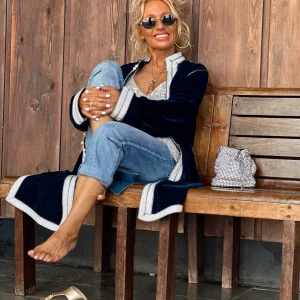 CHAQUETA LARGA VELUDO AZUL-GRIS