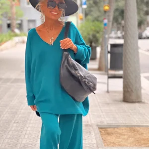 CONJUNTO JERSER-PANTALON DE PUNTO VALENTÍA TURQUESA