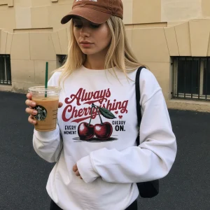 Sudadera sin capucha blanca Cherry — Algodón orgánico